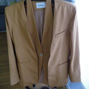 LATTELIER CARAMEL BROWN LINEN-COTTON V-NECK LAYERED BLAZER SIZE MEDIUM NEW